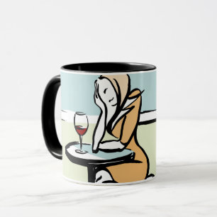 Een meisje met rode wijn in een café mok