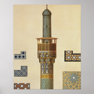 Een minaret en keramische details van de moskee va poster