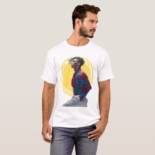 Een modern Man in levendige, Abstracte app T-shirt (Voorkant volledig)