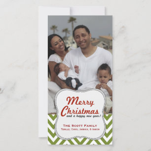 Een moderne groene Chevron familie foto Kerstmis Feestdagenkaart