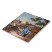 Een moeder met haar kinderen in een chinese tuin, tegeltje (Zijkant)