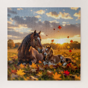 Een moederpaard en haar veulen in de herfst legpuzzel