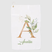 Een monogram groene eucalyptusgoudglitter golfhanddoek (Voorkant)
