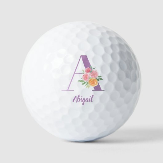 Een Monogram Paarse Bloemen Waterverf Gepersonalis Golfballen (Voorkant)