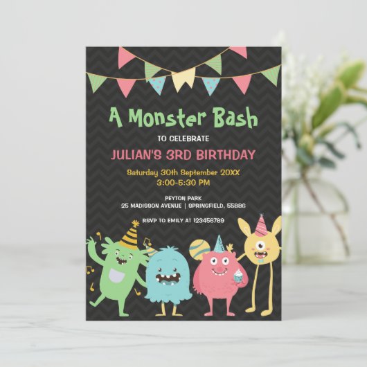 Een monsterlijke kinderfeest kleurrijke verjaardag kaart (Staand voorkant)