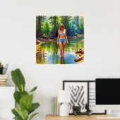 Een mooi meisje in vijverolie kleur Schilderen Poster (Thuiskantoor)