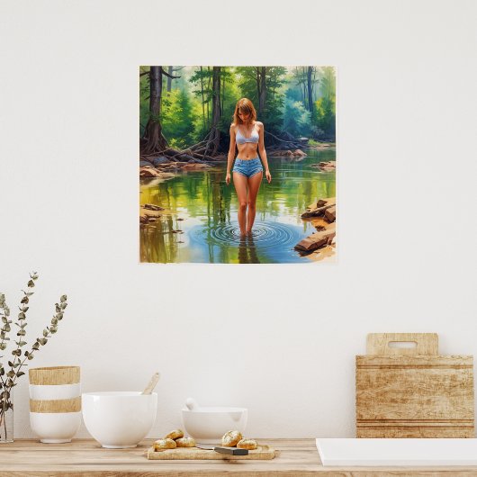 Een mooi meisje in vijverolie kleur Schilderen Poster (Keuken)