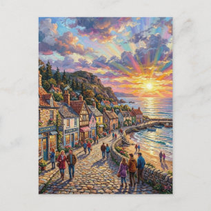 Een mooi strand dorpsbordes bij zonsondergang briefkaart