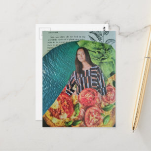 Een mooie dame met pizzacollage briefkaart