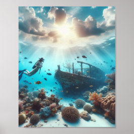 Een mooie duiker observeert een schipbreuk poster