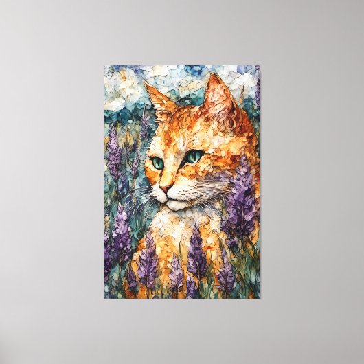 Een mooie gemberkat in een lavendelveld canvas afdruk (Voorkant)