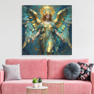 Een mooie gouden en turquoise engel canvas afdruk