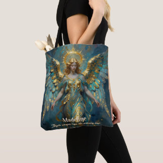 Een mooie gouden en turquoise engel gepersonalisee draagtas