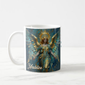 Een mooie gouden en turquoise engel gepersonalisee koffiemok