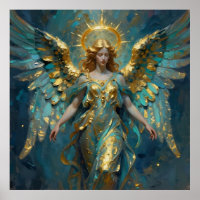 Een mooie gouden en turquoise engel