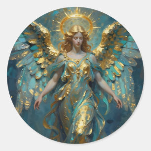 Een mooie gouden en turquoise engel ronde sticker