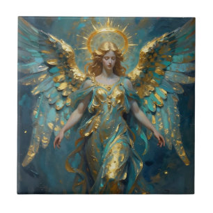 Een mooie gouden en turquoise engel  tegeltje