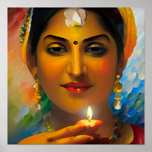 Een mooie Indische vrouw met diwali-olielamp Poster