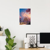 Een mooie tempel en bloedige Cherry Trees Poster (Thuiskantoor)