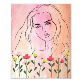 Een mooie vrouw & bloemen, Line art design Foto Afdruk