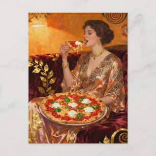 Een mooie vrouw die pizza eet briefkaart