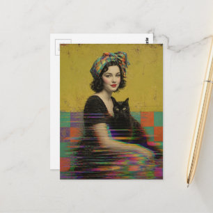 Een mooie vrouw en haar zwarte kat Glitch Art Briefkaart