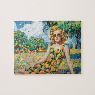 Een mooie vrouw in een sinaasappelboomgaard legpuzzel