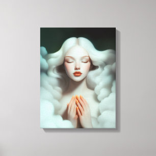 Een mooie vrouw mediteert in de wolken canvas afdruk