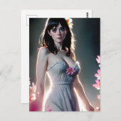 Een mooie Vrouw met lange zwarte roze bloemen Briefkaart (Voorkant / Achterkant)