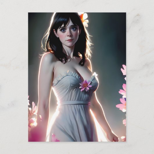 Een mooie Vrouw met lange zwarte roze bloemen Briefkaart (Voorkant)