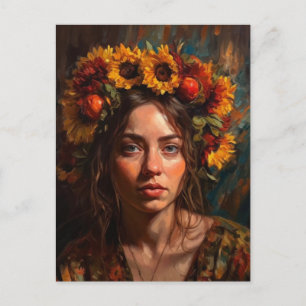 Een mooie vrouw met zonnebloemen in haar haar briefkaart