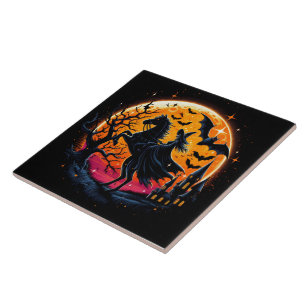 Een mystieke Halloween-paardrit onder een volle ma Tegeltje