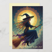 Een nachtelijk rendez-vous: moderne heks Halloween Feestdagenkaart (Voorkant / Achterkant)