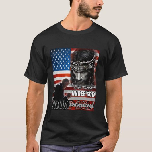 Eén natie onder God Trump 2024 God Amerikaanse vla T-shirt (Voorkant)