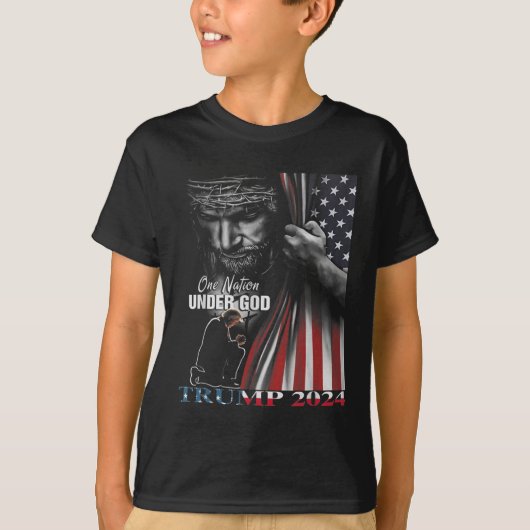 Eén natie onder God Trump 2024 God Amerikaanse vla T-shirt (Voorkant)