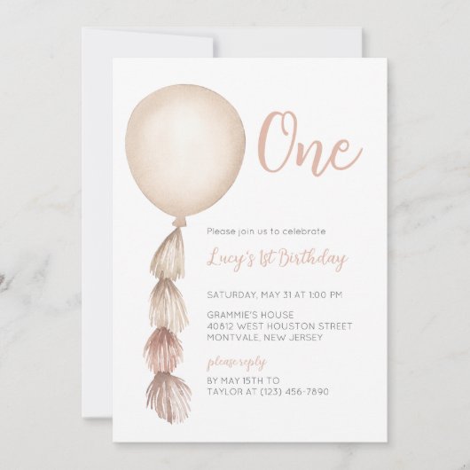 Een neutrale Boho Balloon eerste verjaardag uitnod Kaart (Voorkant)