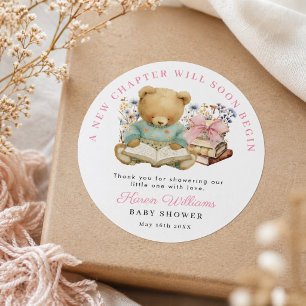 Een nieuw hoofdstuk Beer Meisje Boek Baby Shower B Ronde Sticker