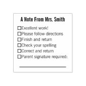 Een notitie van de naam van de leraar met checklis 	rubberstempel (Afrduk)