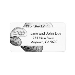 Een oester schelp met gezegde: "De wereld is jouw  Etiket