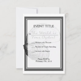 Een oester schelp met gezegde: "De wereld is jouw RSVP Kaartje