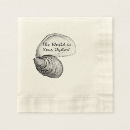 Een oesterschelp met het gezegde "de wereld is jou servet