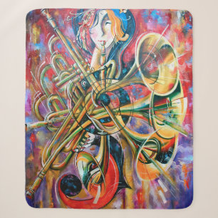 Een oliesschilderij op canvas. Muziek, het meisje Sherpa Deken