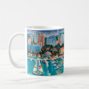 Een oliesschilderij op canvas. Panorama van Sochi. Koffiemok