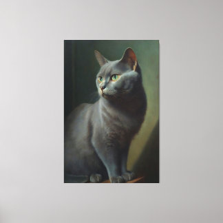 Een oliesschilderij van een Russische blauwe kat Canvas Afdruk