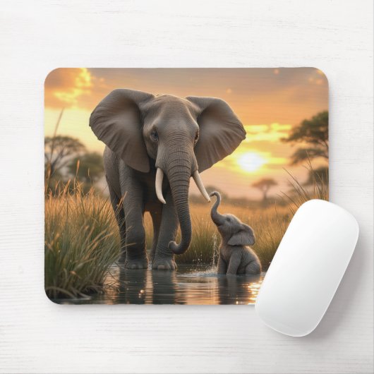 Een olifant met zijn Baby Muismat (Met muis)