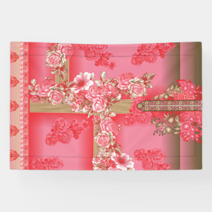 een ontwerp met een roze en gouden achtergrond met spandoek
