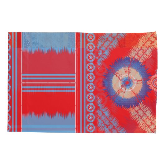 Een ontwerp van een rood en blauw patroon kussensloop (Achterkant)
