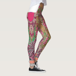 Een ontwerp van een roze en bruin paisley patroon leggings