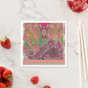 Een ontwerp van een roze en bruin paisley patroon servet