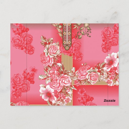 Een ontwerp van een roze en gouden achtergrond met briefkaart (Achterkant)